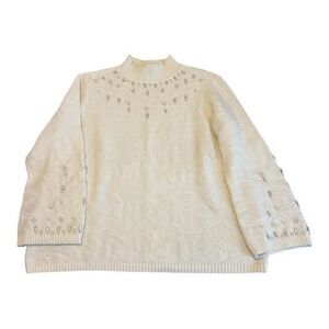 Chico’s Cream Jeweled Holiday Sweater Pearl Chicos Size 2 (12/L) Womens
